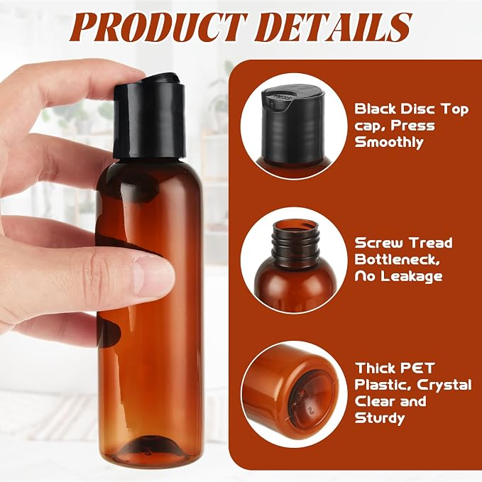 50 Pack 4oz Amber Empty Bottle Plastic Squeeze Bottles with Disc Top Flip Cap, Leakproof Refillable Travel Containers for Lotions Shampoo, Body Wash, Crafts and Toiletries
