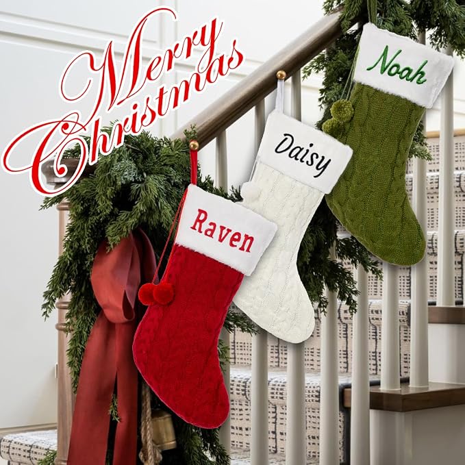 Personalized Christmas Stockings, Custom Name Knit Ball Christmas Stockings, 16" Xmas Stockings Hanging Ornament for Holiday Fireplace Decoration (3 Pcs)
