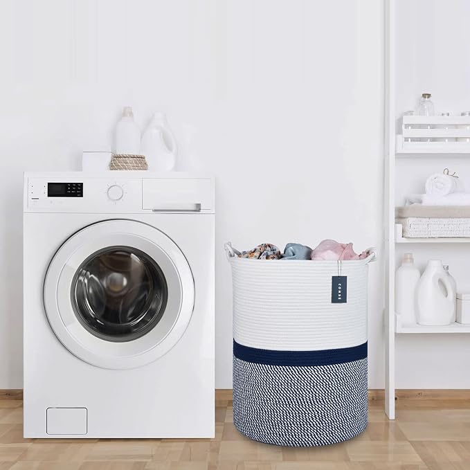 COMSE Tall Woven Blanket & Laundry Basket, 72L, Blend White & Navy Blue | 15.7”x 21.7”, Cotton Rope, Large Nursery Hamper for Storage of Toys Clothes Towels, Great for Living Rooms Bedrooms Bathrooms