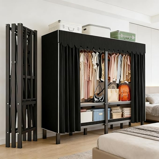 66.1in Heavy Duty Portable Closet, Foldable Wardrobe Closet with Cover, Metal Clothing Shelves for Clothes Organizers and Storage, for Bedrooms, Apartments, Rental Properties (Black, 66.1in)