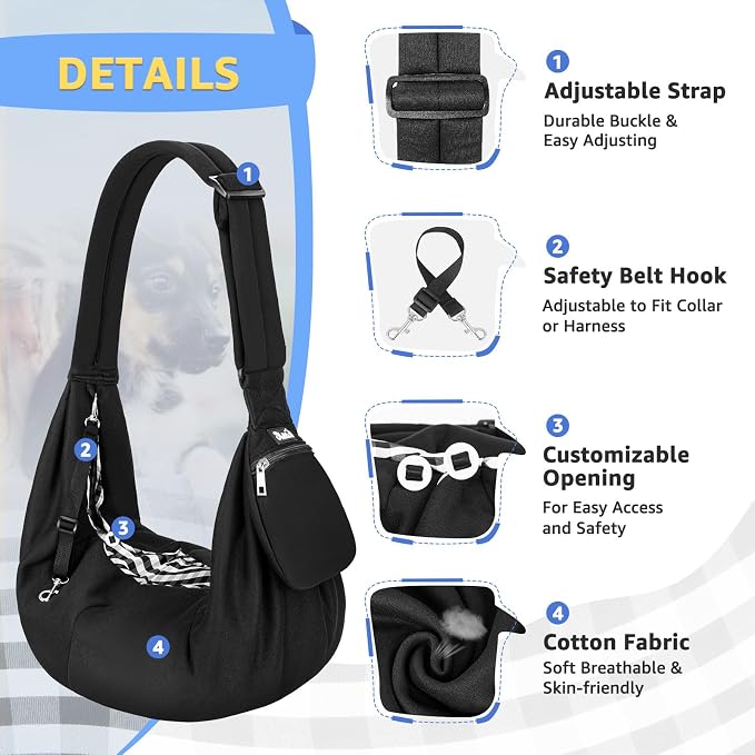 Lukovee Pet Sling, Puppy Small Pet Cat Carrier with Safety Hook | Hands-Free,Padded Strap, Breathable, Adjustable, Storage Pocket, Tote Bag Shoulder Bag with Front Pocket (Black-WY,S)
