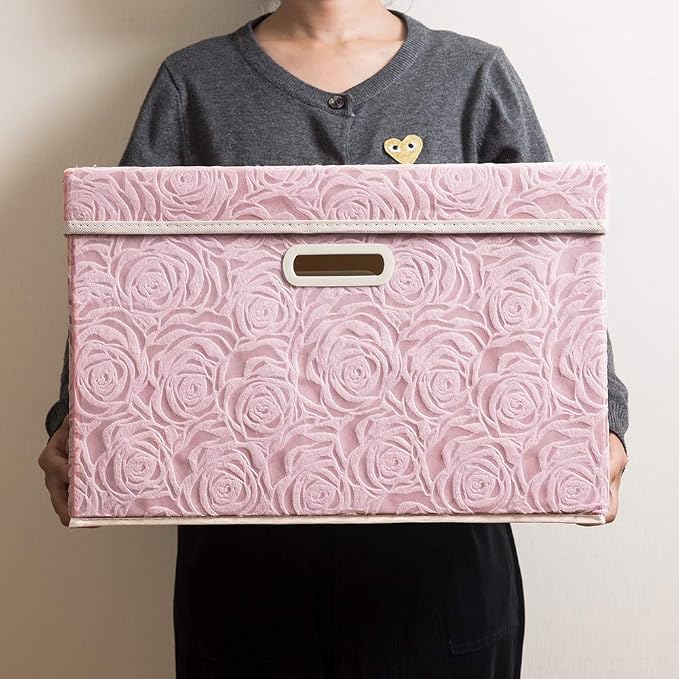 Large Foldable Storage Boxes with Lids [5-Pack] Fabric Decorative Storage Bin Cubes Organizer Containers Baskets with Cover Handles for Bedroom Closet Nursery Pink 17.7x11.8x11.8 Inch
