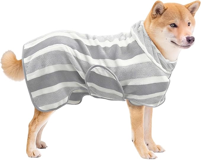 Fast Drying Dog Bath Robe, Super Absorbent Stripes Dogs Towel, Adjustable Warm Keeping Pet Puppy Bath Supplies (Grey, S)