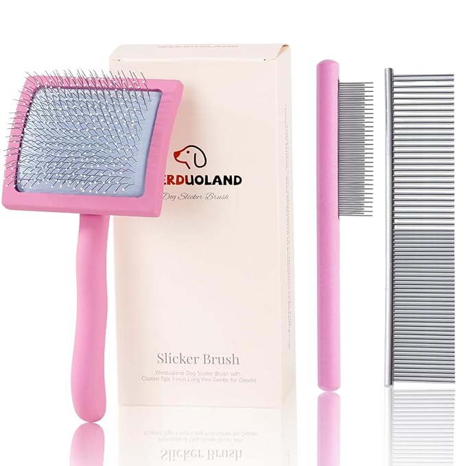 Gently Grooming Slicker Brush with Coated Tips for Long-Haired Dogs-Ergonomic Wooden Handle, Long Pins for Grooming Goldendoodles Poodles Pink