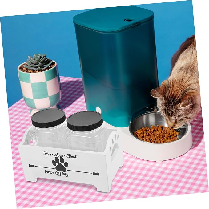 Wooden Dog Food Storage Box with 2 Canisters, Airtight Pet Treat Jar Holder and Snack Organizer, White Solid Wood Crate for Home Countertop Use