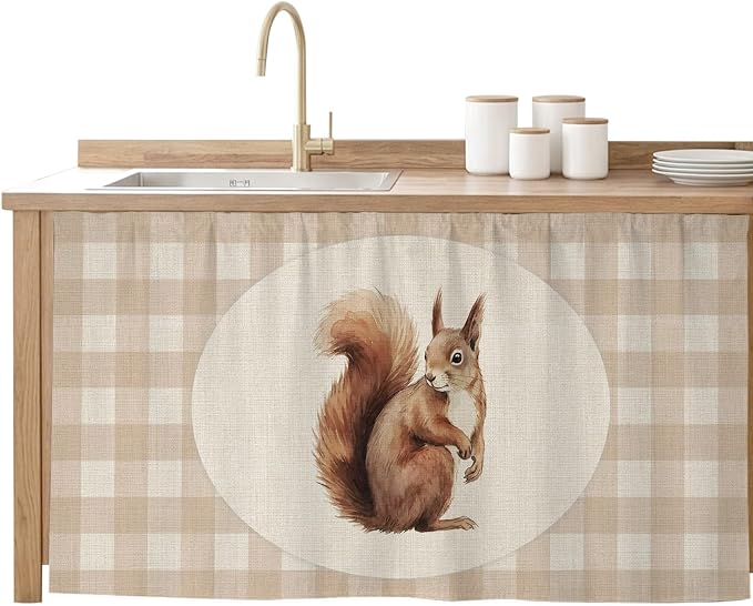 Squirrel Plaid Sink Skirt for Bathroom, Self-Adhesive Under Sink Curtain, Rustic Farmhouse Checkered Retro Animal Hide Pipes & Storage Fabric Cabinet Skirt Cover for Kitchen Laundry 32"x55"