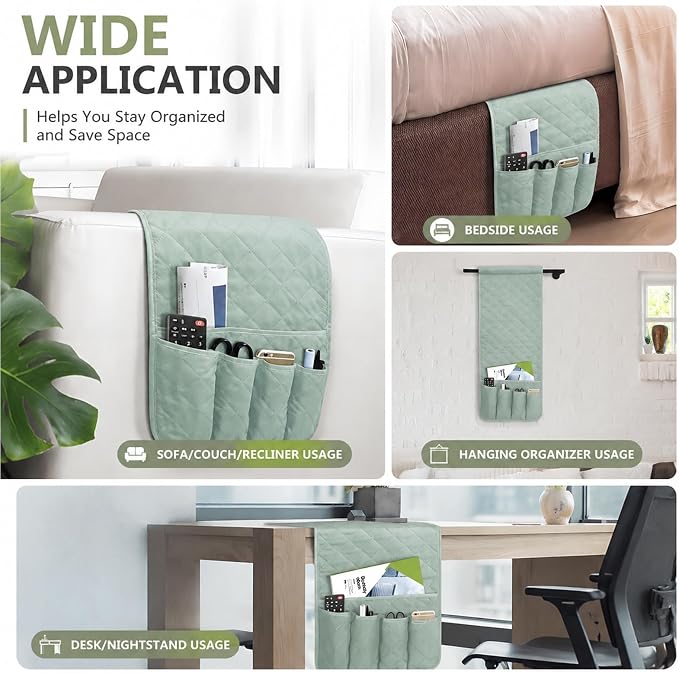 Armchair Caddy for Recliner, Non Slip Sofa Arm Organizer,Light Green | 5-Pocket Recliner Armrest Organizer, Couch Side Storage Holder for Remotes, Cell Phone, Magazines & Tablets, Machine Washable