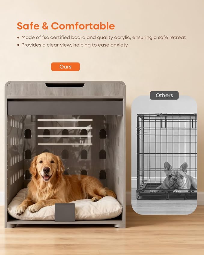 Modern Dog Crate Furniture with Charging Station Large Kennel Indoor with Flip-up Hidden Acrylic Door for Large and Medium Breeds up to 110lb Wood Pet End Side Table Cage, Grey
