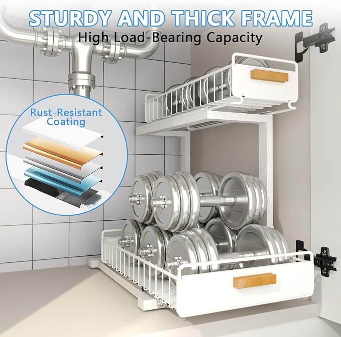 Under Sink Organizer Kitchen - Upgraded Professional Rails, 2 Tier Dual Pull Out Cabinet Storage, Height Adjustable Under Sink Storage, Metal Sliding Drawer for Kitchen & Bathroom, White, 2 Pack