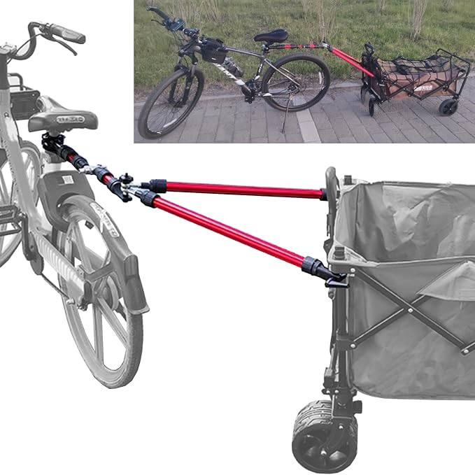 Bike Trailer Hitch for Wagon Camping Rolling Cart Collapsible Wagon with 360° Swivel Joint & Shock Absorber, Quick-Release Clamps for Folding Wagons, Pet Carts & Garden Trailers