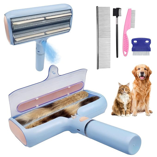 Pet Hair Remover,Lint Rollers for Pet Hair Extra Sticky with Water Spray,Reusable 2-in-1 Dog & Cat Hair Removal Tool for Furniture,Couch,Carpet,Bedding, and Clothes - Includes 4 Brushes