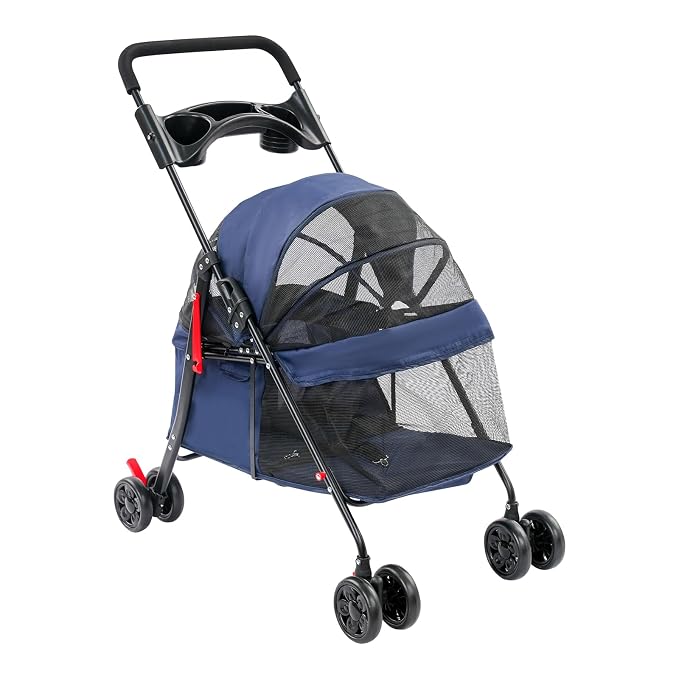 Foldable Pet Stroller Cart for Small Medium Dogs Cats, 40lbs Capacity Pet Travel Cart with 360° Swivel Front Wheels, Breathable Mesh Travel Pet Carrier with Cup Holder(Navy Blue)