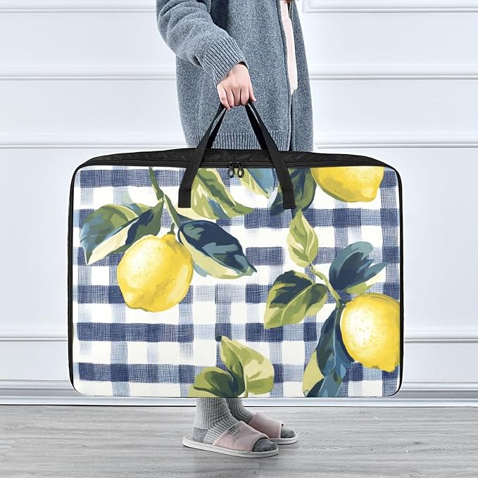Comforter Storage Bags Large Folding Blanket Organizer Bag with Strong Handles Clear Window Closet Storage Containers for Clothes King Queen Pillows Bedding Quilt Duvet Blue Gingham Yellow Lemo