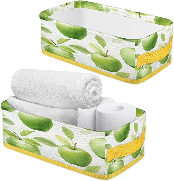 Green Apples Pattern Bathroom Storage Basket Waterproof Foldable Storage Bins with Handles Decorative Toilet Paper Storage Basket for Organizing for House Bathroom Toiletries Set of 2