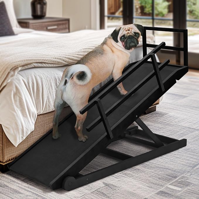 Dog Ramp for Bed & Couch, Foldable Wooden Pet Ramp, 5 Adjustable Heights | Height up to 27.5", Portable Dog Ramp with Non-Slip Rubber Surface & Safety Railings, Pet Ramp for Small, Large, Senior Dogs