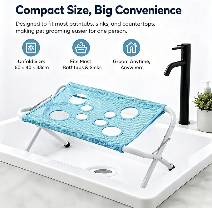 Foldable Pet Bathing Stand with 8-Hole Quick-Dry Mesh, 44lb Capacity，Blue