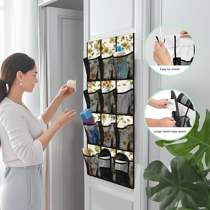 Sunflower Print Over the Door Shoe Organizer,Shoe Organizer Door Hanger with 12 Mesh Large Pockets,Space Saver,Unique Print