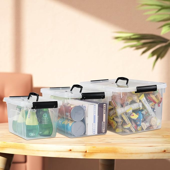 6 Quart Clear Lidded Organizer Bin 4 Pack | Plastic, Latch Storage Box