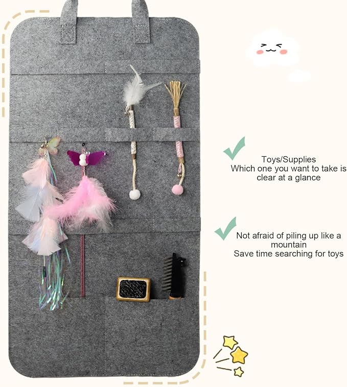 Cat Wand Toy Organizer Bag, Space Saving Felt Wall Storage Pouch for Cat to | Plume for Indoor Pet Toy Storage Mounted Doorknob Hook Solution Space Saving Wall Mount Door Felt Organizer Container