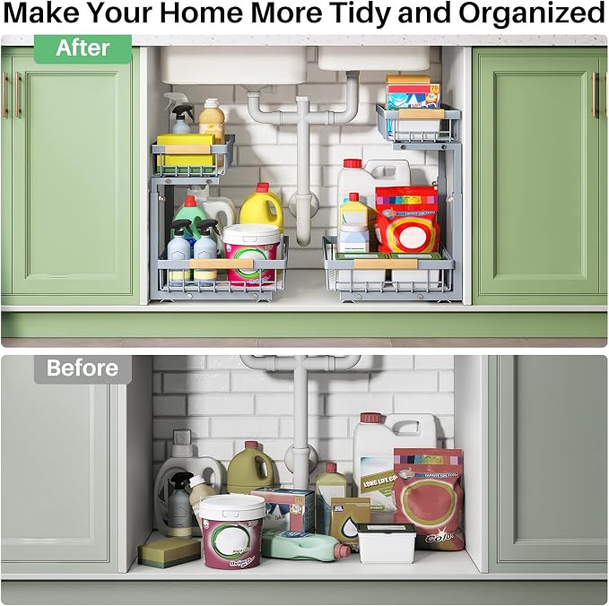 Kitstorack Under Sink Organizer, 2 Tier Under the Sink Storage, Slide out Pull out Cabinet Organizer Shelf, Metal Sliding Drawer for Kitchen Bathroom Pantry Closet Organization Rack, Grey, 1 Pack