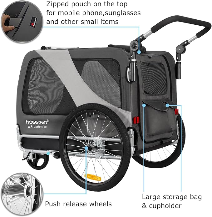 DOGGYHUT® Premium X Large Pet Bike Trailer & Stroller Up to 100 lbs (Gray) | Bicycle Trailer for Small Medium or Large Dogs, Dog Bicycle Carrier, Low Center of Gravity, Folding Frame Cart