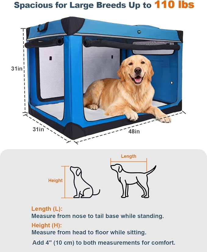 Ownpets 48 inch XXL Collapsible Dog Crate for Large Dogs, Portable Travel Dog Crate, 4-Door Foldable Pet Kennel with Durable Mesh Windows and Soft Mat, Blue | Foldable, Portable, 4-Doors, 4-Side Mesh Windows, Steel Frame Oxford Cloth, Soft Cushion Mat,...