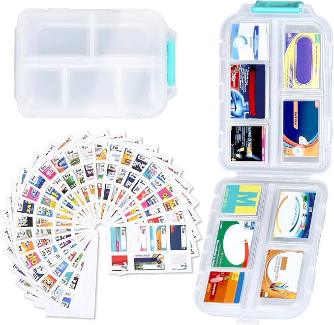 Large Pill Organizer Travel with 189 Medicine Labels, 10 Compartments Travel Medicine Organizer Travel Pill Box Purse Pill Case Compact Pill Organizer Pill Container (White, 1 Pack)