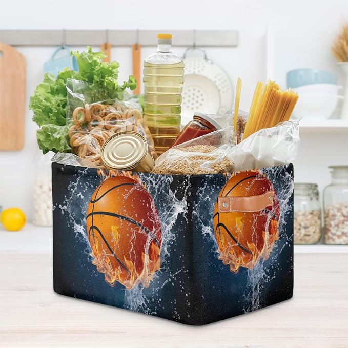 SEULIFE Ball Basketball Sport Foldable Storage Basket, Large Collapsible Organizer Storage Bin Cube Toys Storage Boxes with Handles for Bathroom Kids Nursery Closet Storage, 1 Pack