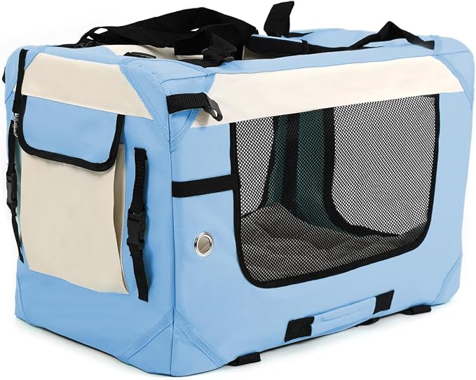Large Cat Carrier Collapsible Travel Dog Crate Portable Soft-Sided Pet Kennel with Super Soft Warm Plush Pillow for Indoor and Outdoor 20x14x14in,Sky Blue