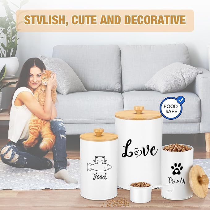 Reallnaive Metal Airtight Cat Treat Container Set of 3 with Bamboo Lids and Spoon Cat Food Storage Container with DIY Labels Pen Pet Cookie Snack Food Storage Organizer Jars for Kitchen Counter(White)