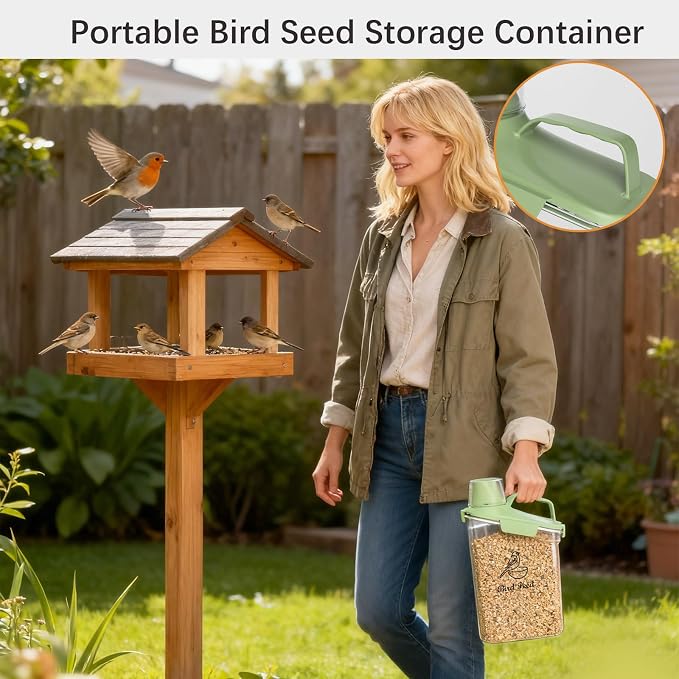 Bird Seed Storage Container Portable-3 Qt/2.8 L Clear Pet Food Container-with Measuring Cup/Lid,Airtight Wild Bird Seed Dispenser for Storing Sunflower Seed|Squirrel proof|BPA Free-Green