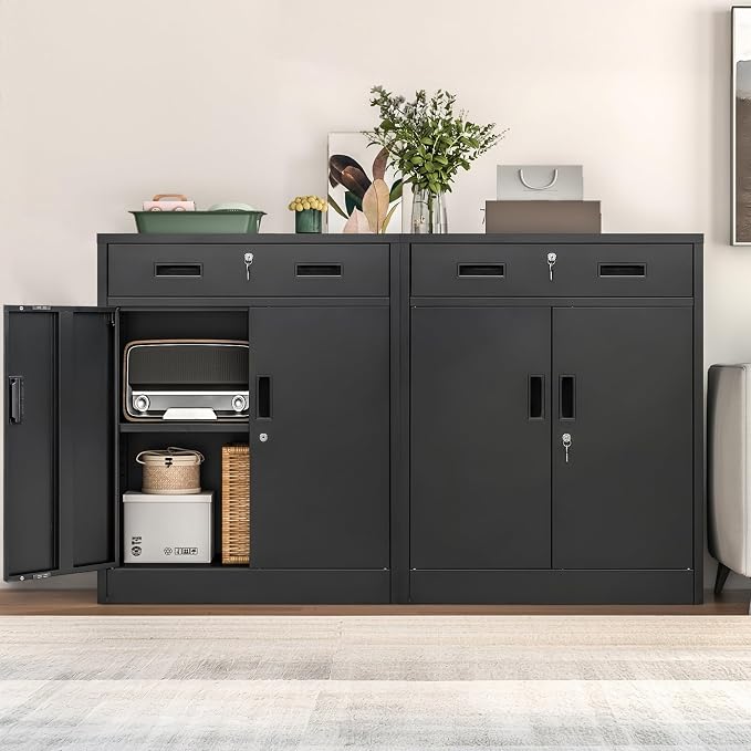Wanfu Metal Storage Cabinet, 36" H x 28" W x 16" D Locking Cabinet with 1 Drawer and Adjustable Shelf, Metal Cabinets for Office, Garage, Home-Black
