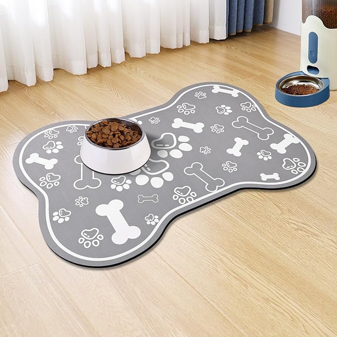 Dog Cat Food Mat,Rapid Absorbent Pet Feeding Mat, Bone Shaped Dog Placemat Water Bowl Mat with Rubber Backing,No Stains Dog Cat Food Mats Indoor, Pet Accessories Supplies 17" X 29" Grey