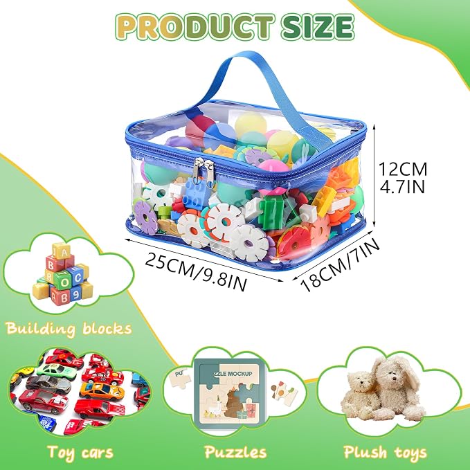 6 Pack Clear Toy Storage Bags, PVC Waterproof Toy Organizer, Colorful | Waterproof PVC, Transparent View, Reusable Zip Bags, Label Tags, for Blocks, Puzzles, Board Games, Travel and Home Storage