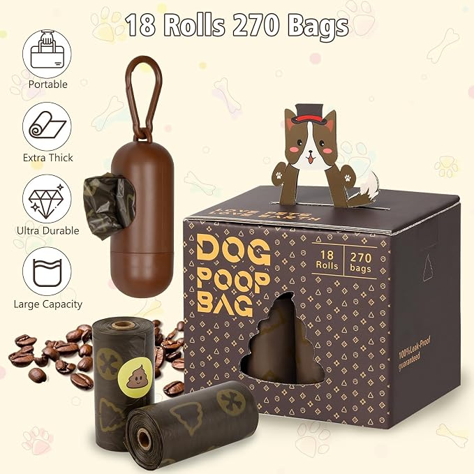 Dog Poop Bags with Dispenser 18 Rolls 270 Count Pet Waste Bags Strong Thick | Coffee Scented Waste Bags, Leak Proof , Portable