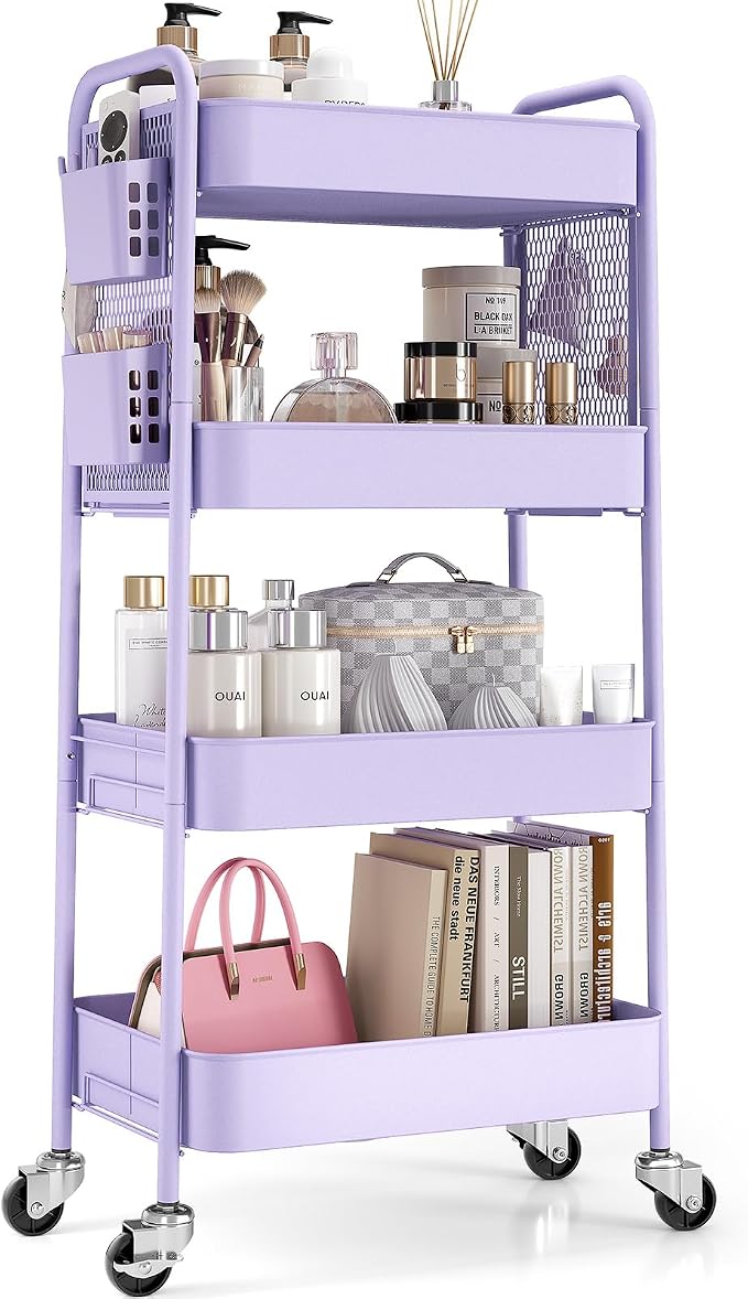 TOOLF 4 Tier Rolling Cart, Metal Utility Storage Cart with Pegboard, Purple | 2 Bins & 4 Hooks, Screwless Assembly, Lockable Wheels, Trolley Organizer for Bathroom, Kitchen, Office, Dorm, Craft Room