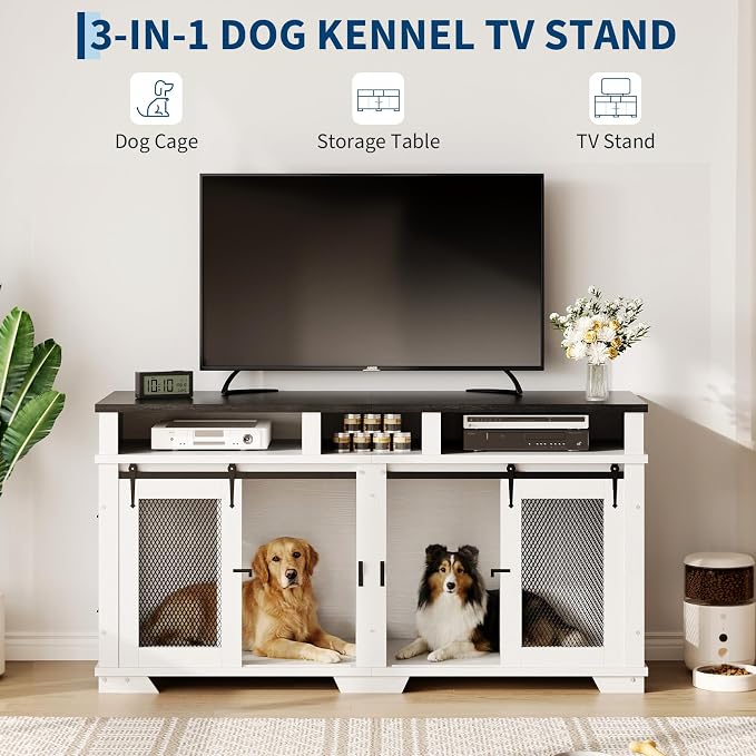 71" Dog Crate Furniture for 2 Dogs, Heavy Duty Indoor Dog Kennel TV Stand, End Table Dog Crate, XL Wooden Dog Cage with Divider for Medium Large Dogs