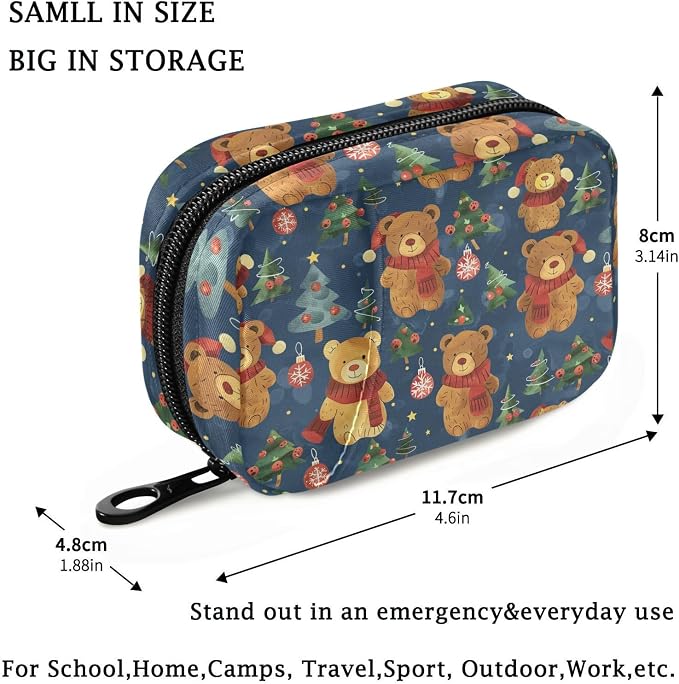 Fustylead Christmas Cute Brown Bears and Fir Trees Ball Decor Pill Organizer for Purse, Weekly Portable Pill Box with Zipper to Storage Vitamins Fish Oils Medications Supplements