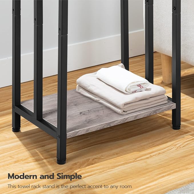 HOOBRO Free Standing Towel Rack, 3 Tier Blanket Rack, Blanket Holder for Bathroom, 16.9" L x 11" W x 31.9" H, Industrial Metal Drying and Display Rack with Shelf, Greige and Black BG03LB01