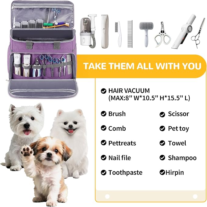Dog Cat Grooming Bag for Vacuum,Scissors,Dog Grooming Kit Supplies | Portable Pet Grooming Supplies Organizer Tote Bag for Dogs Cats Grooming Kit Trimmer Tool Accessories Purple(Bag Only)