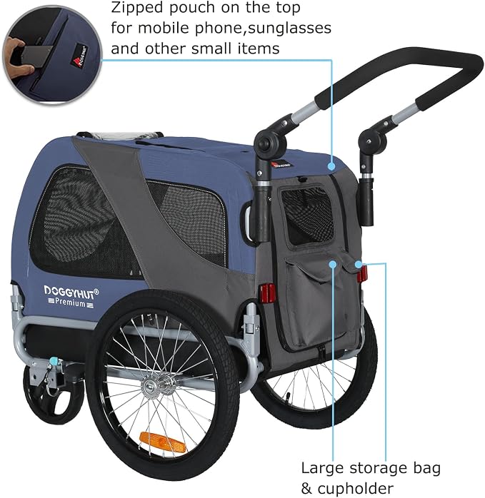 DOGGYHUT® Premium Medium Pet Bike Trailer & Stroller Up to 50 lbs (Blue) | Bicycle Trailer for Small or Medium Dogs, Dog Bicycle Carrier, Low Center of Gravity, Folding Frame Cart