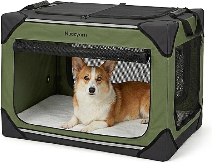30" L Collapsible Dog Crate for Medium Dogs, Soft Pet Crate with 4-Door Mesh, Portable Dog Kennel for Travelling, Green