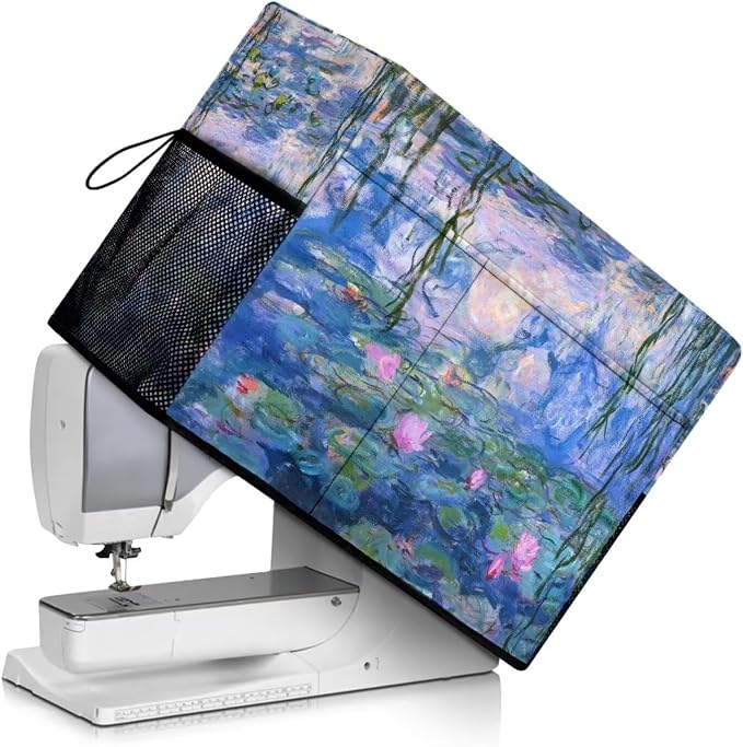 Water Lilies Print Sewing Machine Cover Oil Painting Style Duty Protective Dust Cover with Storage Pockets for Most Standard Singer & Brother Sewing Machines and Accessories(Blue)