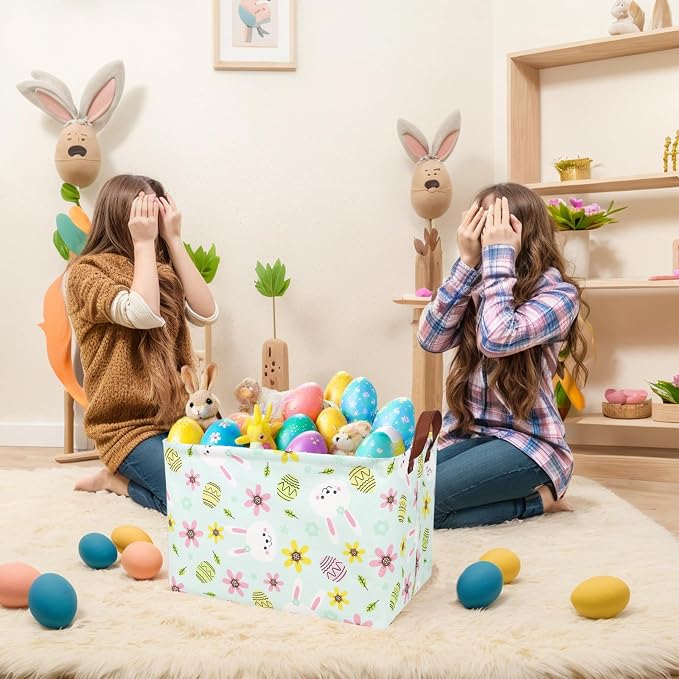 Large Empty Easter Basket for Kid Fabric Personalized Bunny Eggs Easter Gift Basket for Boy and Girl (Rabbit Blue Background)