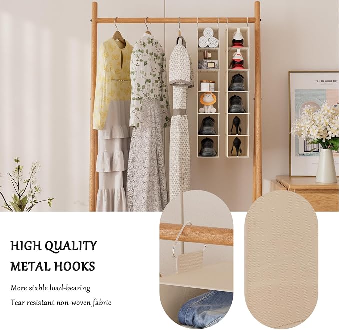 Hanging Closet Shelf Shoe Organizer Set of 2 with Woven Bamboo Shelves,11.5 x 31.5 x 5.5 in, 6-Tier Design for Space-Saving Storage,Beige
