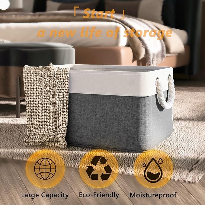 Organization and Storage Basket for Organizing- 16x12x8 inch 1 Pack Fabric Storage Cubes, Collapsible Storage Bins for Shelves Organizer Gift Closet Cloth Toy (White & Grey)
