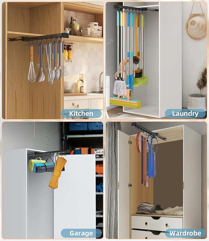 Pull Out Broom Holder With Adjustable Double Row Sliding Hook-Black 18.11in | High Load Capacity, Multifunctional Slide Broom And Mop Storage/Garage Organization Hooks, for Closet Laundry, kitchens