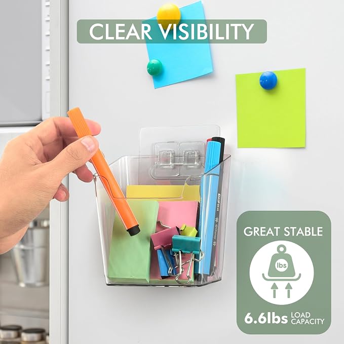 Clear Adhesive Wall Storage Bins 4-Pack Cabinet Door Organizer Cups(Medium) | Clear PET Hanging Wall Mount Pockets, Plastic Caddy for Shower Bathroom Makeup Office Craft Kitchen Sink RV Organization