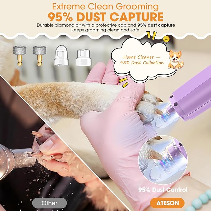 ATESON Dog Nail Grinder with LED Light, 6-Speed Quiet Electric Pet Nail Trimmers, Forward/Reverse, Powerful No-Stall Motor, 2000mAh Battery 8H Runtime, Dust Capture with Nail Clippers for Dogs & Cats