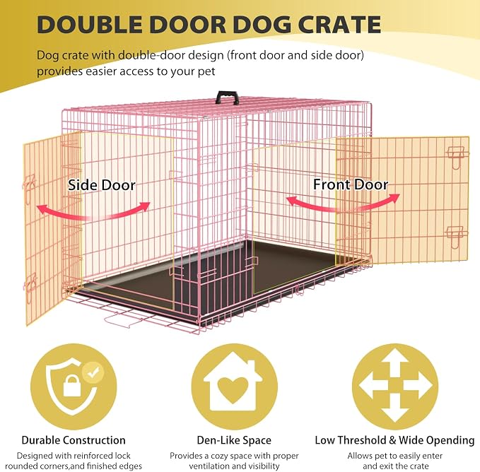 BestPet | Dog Crate | 48" | Pink | Foldable Metal Kennel with Double Doors | Secure Slide-Bolt Latches, Leakproof Tray | Portable Dog Cage for Large Breeds | for Travel, Indoor & Outdoor Use